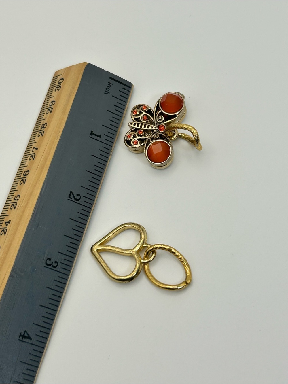 Gold-Tone Butterfly & Heart Pendants Orange Sparkle About 1.5" Drop - Picture 8 of 8